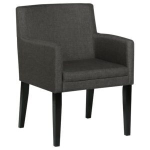 Enhance your casual dining room with these stylish mid-century-inspired dining chairs. Featuring cushioned arms wrapped in durable charcoal grey fabric