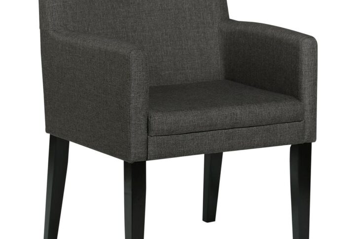 Enhance your casual dining room with these stylish mid-century-inspired dining chairs. Featuring cushioned arms wrapped in durable charcoal grey fabric