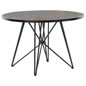 A mid-century modern design shows through in this contemporary dining table. Featuring a sculpture-like metal butterfly base in dark