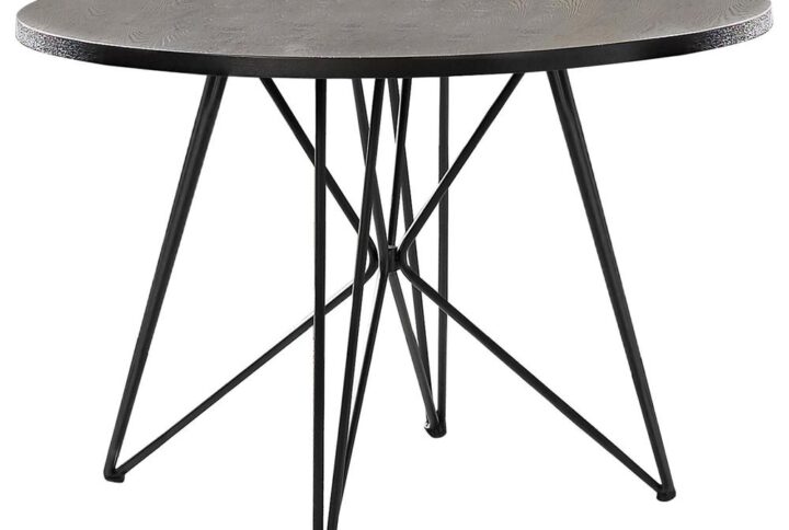 A mid-century modern design shows through in this contemporary dining table. Featuring a sculpture-like metal butterfly base in dark