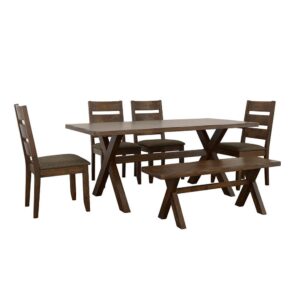 This fine 6-piece dining set that is highlighted by a rectangular table accompanied by four side chairs and a bench. Both the bench and table are constructed from solid Asian wood with a Knotty Nutmeg finish. Each also features a trestle-style base and crisscrossing legs for a sleek design. Side chairs come with slatted backs and lighter-colored upholstered fabric seat cushions. This impressive rustic-style set is sure to be the scene of great stories shared over delicious meals.
