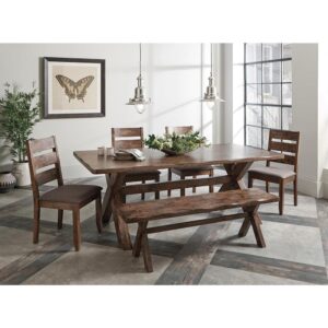This fine 6-piece dining set that is highlighted by a rectangular table accompanied by four side chairs and a bench. Both the bench and table are constructed from solid Asian wood with a Knotty Nutmeg finish. Each also features a trestle-style base and crisscrossing legs for a sleek design. Side chairs come with slatted backs and lighter-colored upholstered fabric seat cushions. This impressive rustic-style set is sure to be the scene of great stories shared over delicious meals.