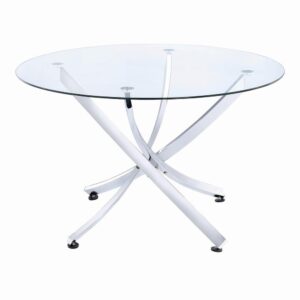 Modern meets bold in this everyday dining table. Round table top is constructed of glass for a contemporary feel. Chrome legs crisscross in a stylish pattern that imparts both style and durability. Consider chairs with lustrous chrome styling (available separately) to complete this set. Table looks great in dining space with sleek furnishings and modern decor.