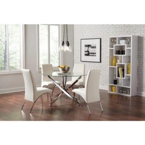 You'll love the comfort and aesthetics of this contemporary five-piece dining set featuring chrome and glass. The set includes a round glass table and four Z-shaped padded chairs for a visually stunning element. The extra thick tempered glass tabletop sits on a chrome finish asterisk metal base that draws the eye. Each funky chair is crafted with alluring contours and white leatherette for stunning style. The base and legs come in shiny chrome finish that imparts glam and panache.