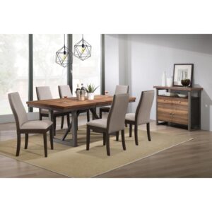 Bring refined and stylish appeal to your dining area with this seven-piece dining set in brown. Clean lines give this dining set a minimalist appearance with natural elements