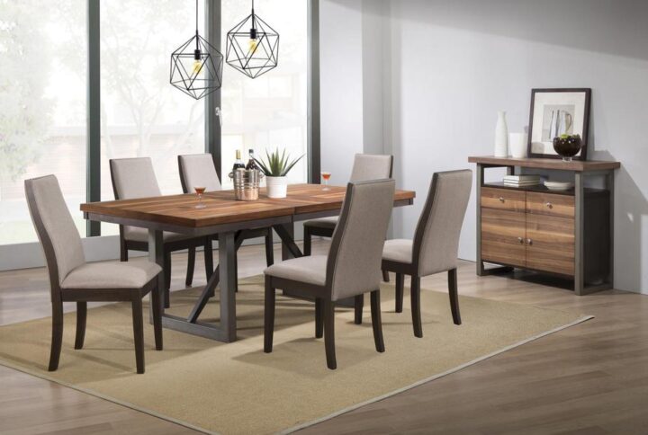 Bring refined and stylish appeal to your dining area with this seven-piece dining set in brown. Clean lines give this dining set a minimalist appearance with natural elements