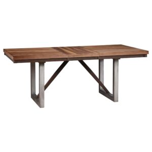 From the Spring Creek collection comes this handsome wood dining table. The rectangular table top opens up with an extension leaf for more room and happy gatherings. Top features open grain styling and natural wood flips in sappy walnut veneer. Pair with matching chairs (available separately) for a warm