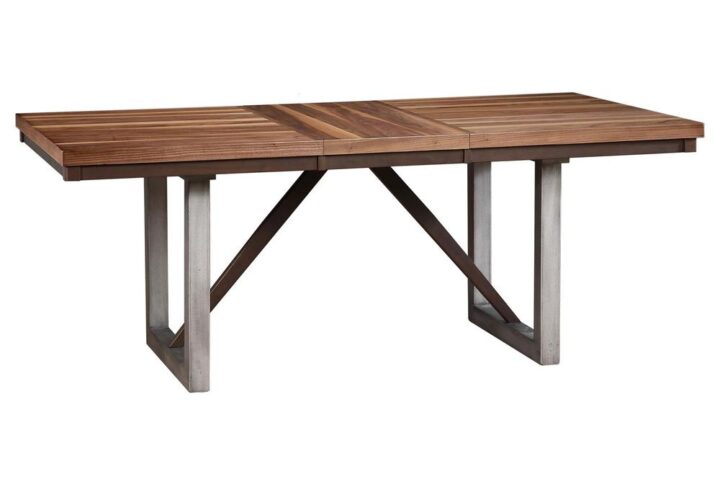 From the Spring Creek collection comes this handsome wood dining table. The rectangular table top opens up with an extension leaf for more room and happy gatherings. Top features open grain styling and natural wood flips in sappy walnut veneer. Pair with matching chairs (available separately) for a warm