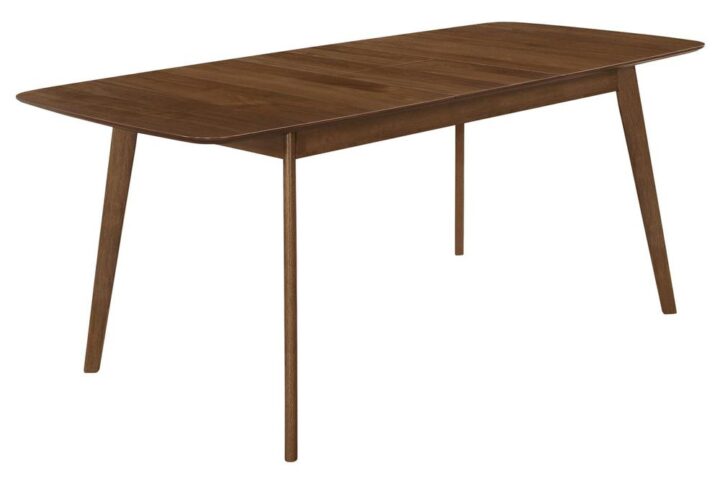 This 5-piece dining set is designed for stylish simplicity and convenience. Rectangular table has clean lines and rounded edges along with a natural finish. It includes a butterfly leaf that extends for when unexpected guests drop by. Four side chairs feature a flared back and grayish fabric that goes well with the table. This set is versatile and practical
