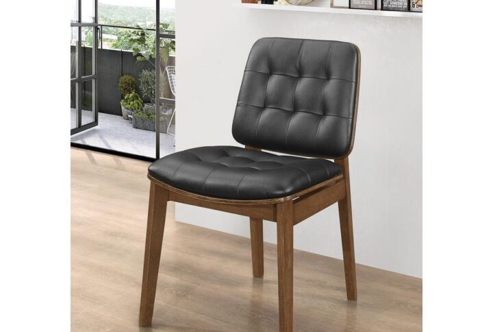 Inspiration for these classy dining chairs comes from a popular office chair design. Warm natural walnut finish and black leatherette provide timeless look and appeal. Stylish black leatherette cushions add a touch of modern flair. The ability to mix and match pieces lets you arrange this collection in the way that best suits you. Asian hardwood