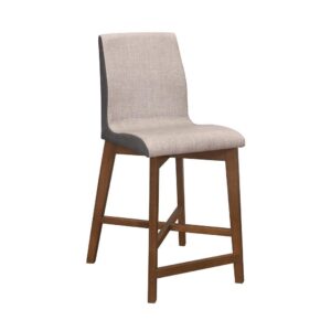 each stool offers a molded-like cushioned seat with comfortable and long-lasting foam filling. Each chair seat is also upholstered in a two-tone design of both light grey and dark grey fabric. Supported by tall and flared narrow legs