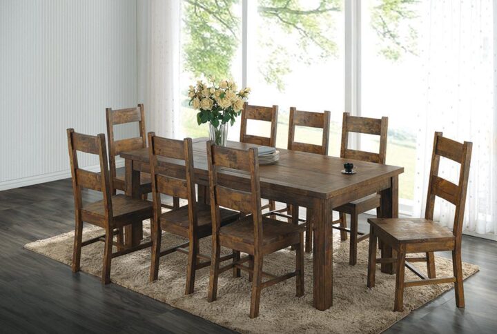 Rustic elements will soon enhance your dining space with this nine-piece dining set. Incredibly minimalist in design