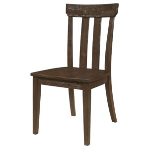 this chair features a durable wire brushed brown oak finish. Its slatted back design exudes a rustic charm while providing support and comfort.