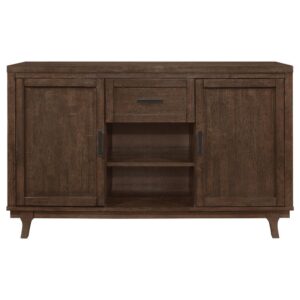 this server features a durable wire brushed brown oak finish