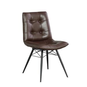 leatherette side chair. The beautiful brown upholstery adds warmth to a room. Decorative button tufting adds a trendy yet tasteful touch. Complete with sleek