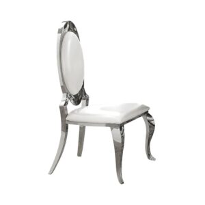Regal ambiance in a transitional package. Enjoy a hint of fresh modern style in this dining chair. A traditional silhouette features a lovely oval seat back and ornate curved legs. Creamy white upholstery delivers a bright effect that contrasts with a chrome finish frame. Lift the personality of any space with this exceptional dining chair.