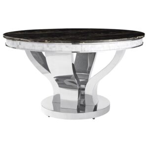 This uniquely-designed dining table has a solid appeal that's sure to please. It has a large round top with a handsome marble-like design. The table edge is fashioned in contrasting burnished silver. The curved silver legs are wide for a strong