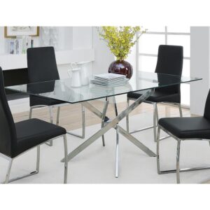 two of the legs crisscross in a straight X-shaped pattern while the other two are curved for a more nuanced crisscross pattern. With a set of chrome accented chairs
