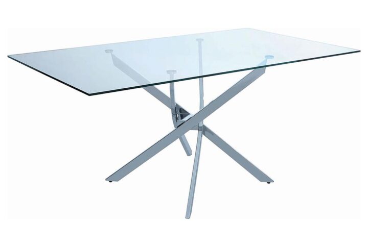This dining table has a contemporary design that's stylish and unique. It features a rectangular glass top that's clean and crisp. But it's the four legs that impart the eye-catching appeal. Finished in chrome