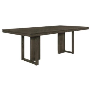featuring a sleek dark grey finish and subtle chevron pattern on the table top. The table boasts a clean and simple trestle base design