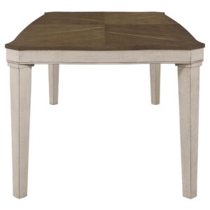 while the solid Asian hardwood legs provide sturdy support. The rustic cream finish on the table apron and legs adds a touch of country charm.