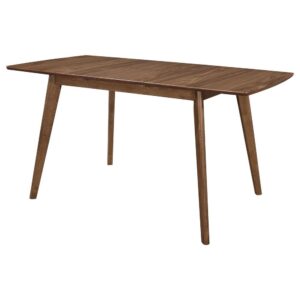 this wood table echoes a style form made popular in the mid-century era. Warm natural walnut offers a versatile and beautiful finish. Enjoy the slender tabletop