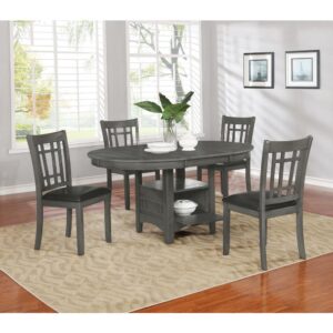 Update that boring dining room with this stylish and practical 5-piece dining set from the Lavon collection. The popular medium grey finish is a new option to highlight the transitional styling of this bestselling collection. Perfect for families