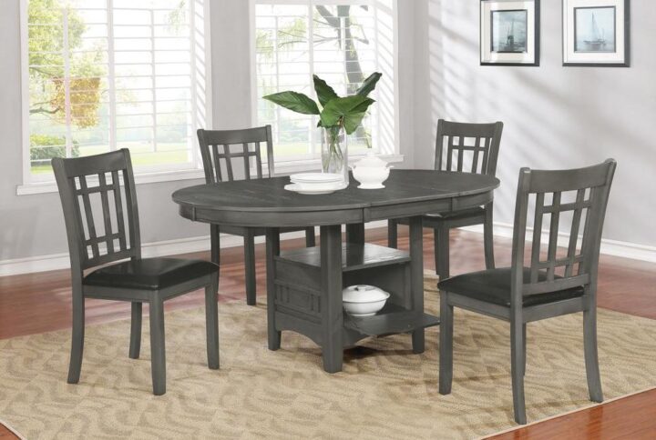 Update that boring dining room with this stylish and practical 5-piece dining set from the Lavon collection. The popular medium grey finish is a new option to highlight the transitional styling of this bestselling collection. Perfect for families