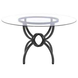 Aviano presents a contemporary dining masterpiece that's truly captivating. The meticulously crafted metal table base boasts four curvaceous legs converging around an interlocking ring waist
