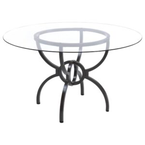 while highlighting the sculptural appeal of the table base. The table base displays an exquisite design of curves meeting around center rings all in a rich gunmetal finish. Cushioned barrel shape chairs are plushily upholstered in supple anthracite leatherette for the ultimate comfortable dining experience. This set is the perfect space-saving solution for a casual contemporary dining room.