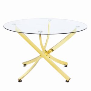 its base offers eye-pleasing contoured strips. A round glass top delivers sophistication and elegance. This gorgeous table features floor-protecting discs under each leg.