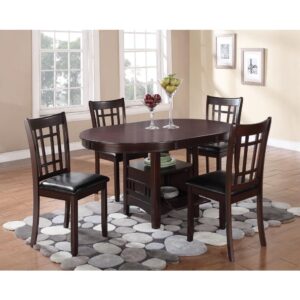 The sophisticated silhouette from this five-piece dining set features a sophisticated silhouette transforms a classic space. Warm up a neutral motif with the rich cappuccino finish. Invite an open feel into a dining room with smooth and sleek legs. Accommodate guests easily with the built-in storage unit