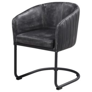 the chair boasts metal construction and a classic sled base design complete with a deep black powder-coated finish. Anthracite faux leather upholsters a plush seat and curved back to ensure elegance and comfort. vertical stitching creates dimension across the outer back of the chair