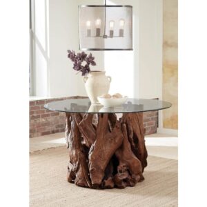 The beauty of nature comes indoors to create a distinctive look worthy of becoming a focal point in your modern space. This chic dining table offers a woodsy vibe with earth-centered aesthetics and an exotic personality. Embrace a base formed of natural light brown finish teak wood pieces emulating a driftwood-like collection straight from a forest or a beach. A round glass tabletop creates ultimate elegance with a contrasting style. Select coordinating chairs to make the most of an exceptional table fit for an upscale or casual space.
