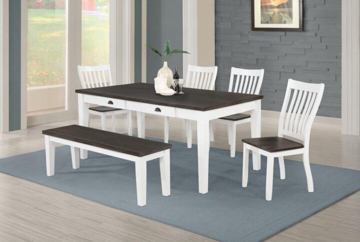 Every day dining can be charming and affordable with this two-tone dining set. Featuring a lovely farmhouse design