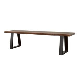 inviting aura with the addition of this rustic wood dining bench. Resting on a pair of angular metal braces