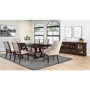 A decorative base is the highlight of this stylish transitional wood dining table. Featuring a rectangular silhouette measuring just over 104 inches