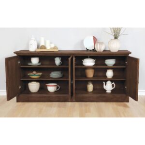 refined presence of this wood server. Offering four mirrored doors
