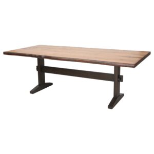 the table measures 90 inches across and can easily accommodate a guest or two. The rectangular tabletop features a warm and inviting natural honey finish with wonderfully warm undertones. The base of the table is inspired by a classic trestle. In a smokey black finish