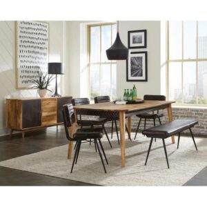 Attention to detail offers a calming sense of elegance to a casual dining set created for comfort and aesthetics. Start fresh with a set anchored by a natural finish sheesham table with a spacious rectangular top and tapered