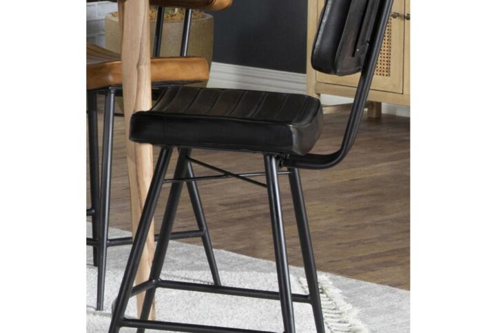 Add a retro-inspired touch to a space with this industrial-inspired counter height stool. Wrapped in a leather upholstery across the contoured backrest and seat