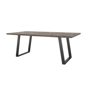 this industrial style dining table offers a mixed material design. Built with a solid grey sheesham and mango wood