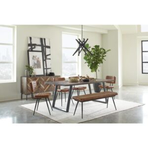 Retro charm is on full display in a dining ensemble that recreates a popular past era. Warm tones and a festive look indulge Mid-Century Modern attitude in this five-piece casual dining set. A rectangular wood and iron dining table anchors this stylish set