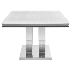 modern glam dining table for an elevated dining experience. Designed with an open demilune pedestal base in a lustrous polished chrome finish