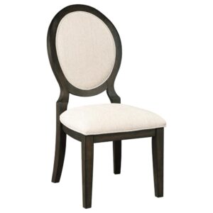 Elegant curves and contrasted finishes collide in this transitional side chair. A lovely addition to a dining space
