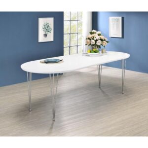 Elegant curved and sleek elements come together in this spacious modern dining table. Designed with hairpin metal legs in a shiny chrome finish