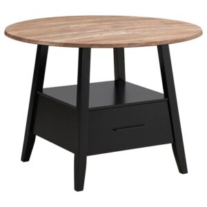 this contemporary counter height table offers a casual gathering place for family and friends. A round yukon oak table top presents a rustic flair