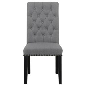 this transitional side chair lends a classical touch to a variety of home decor styles. A rolled backrest with button tufted details lends a traditional aesthetic to a space. Pushing the classic elements is a padded seat with individual nailhead trim that offers a charming detail. Rest easy in this supportive