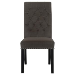 this transitional side chair lends a classical touch to a variety of home decor styles. A rolled backrest with button tufted details lends a traditional aesthetic to a space. Pushing the classic elements is a padded seat with individual nailhead trim that offers a charming detail. Rest easy in this supportive