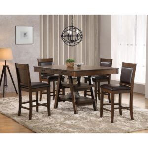 Gather together at this transitional five-piece counter height table and chair set. Designed with a rich walnut finish